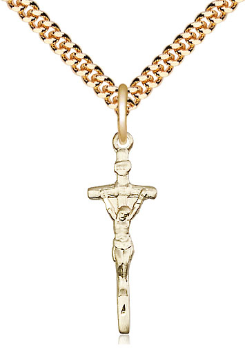 14kt Gold Filled Papal Crucifix Pendant on a 24 inch Gold Plate Heavy Curb chain