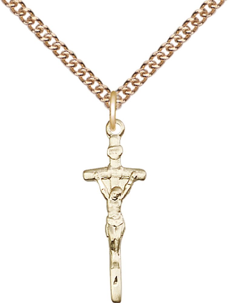 14kt Gold Filled Papal Crucifix Pendant on a 24 inch Gold Filled Heavy Curb chain