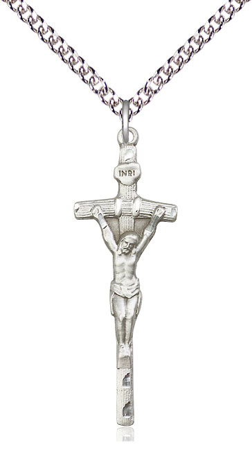 Sterling Silver Papal Crucifix Pendant on a 24 inch Sterling Silver Heavy Curb chain