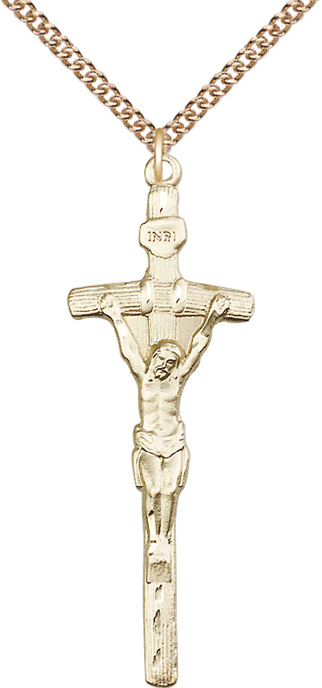14kt Gold Filled Papal Crucifix Pendant on a 24 inch Gold Filled Heavy Curb chain