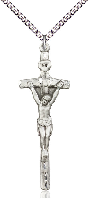 Sterling Silver Papal Crucifix Pendant on a 24 inch Sterling Silver Heavy Curb chain