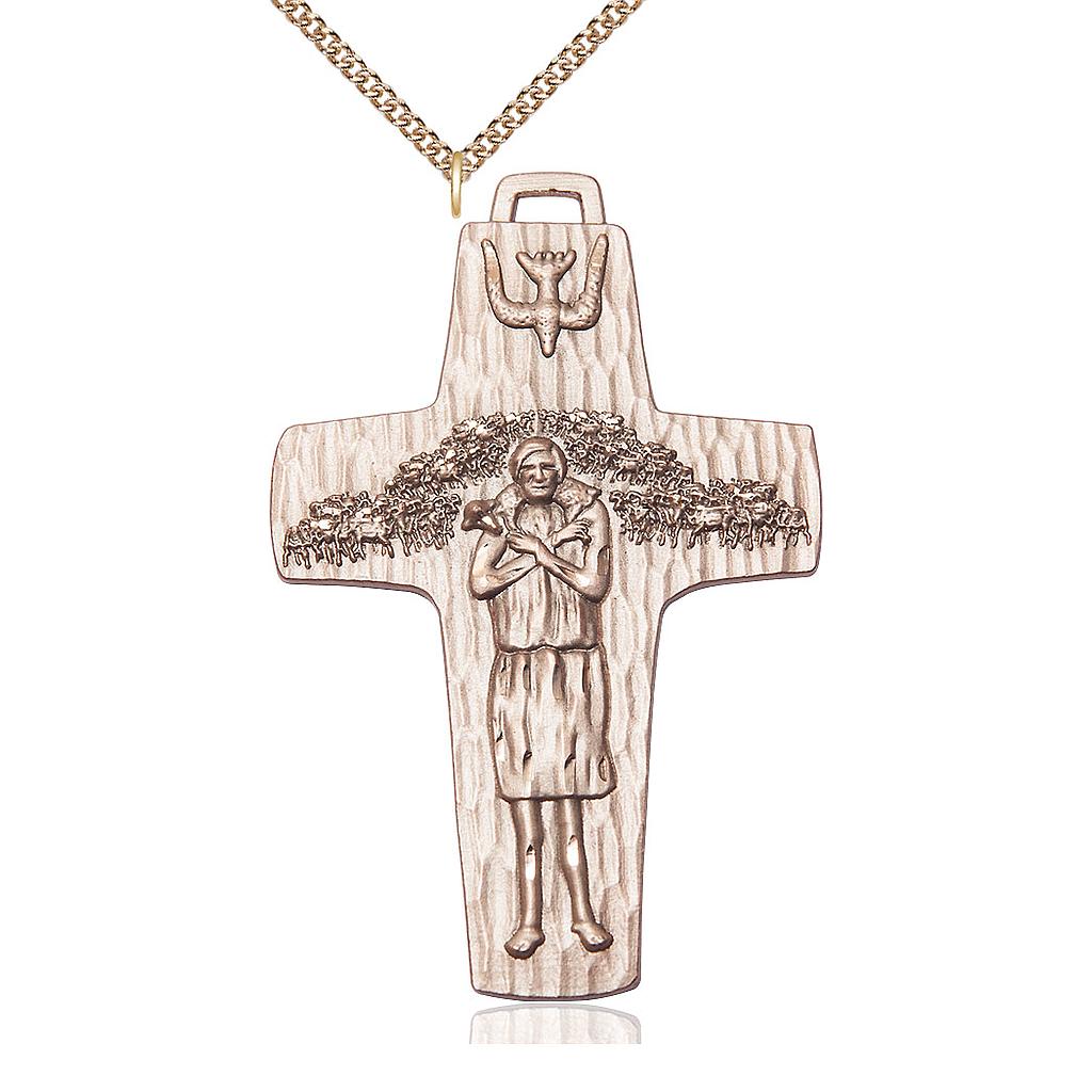 14kt Gold Filled Papal Crucifix Pendant on a 24 inch Gold Filled Heavy Curb chain