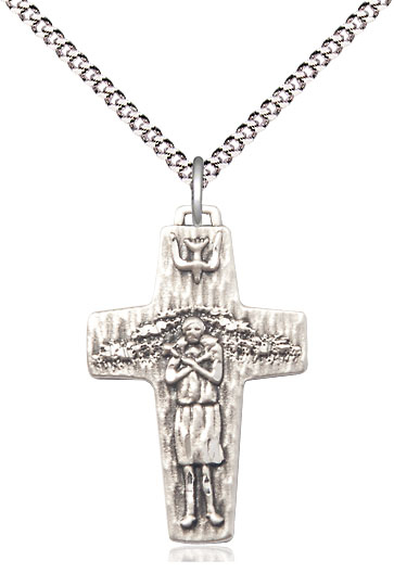 Sterling Silver Papal Crucifix Pendant on a 18 inch Light Rhodium Light Curb chain