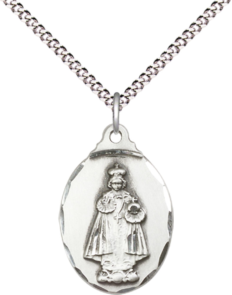 Sterling Silver Infant of Prague Pendant on a 18 inch Light Rhodium Light Curb chain