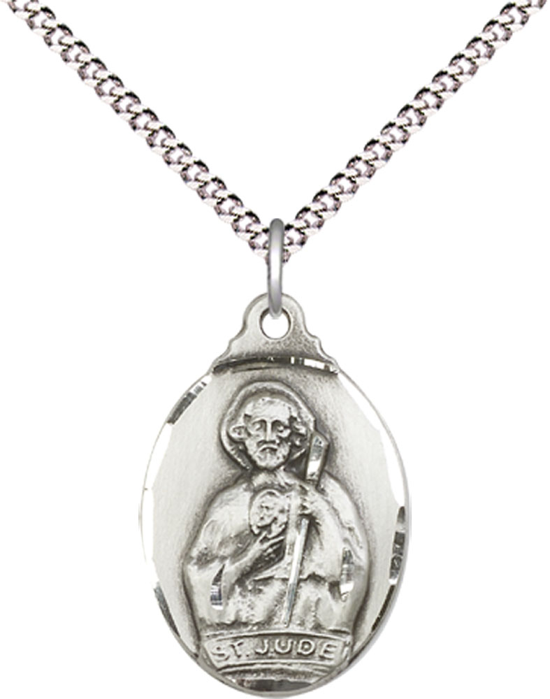 Sterling Silver Saint Jude Pendant on a 18 inch Light Rhodium Light Curb chain