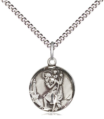 Sterling Silver Saint Christopher Pendant on a 18 inch Light Rhodium Light Curb chain