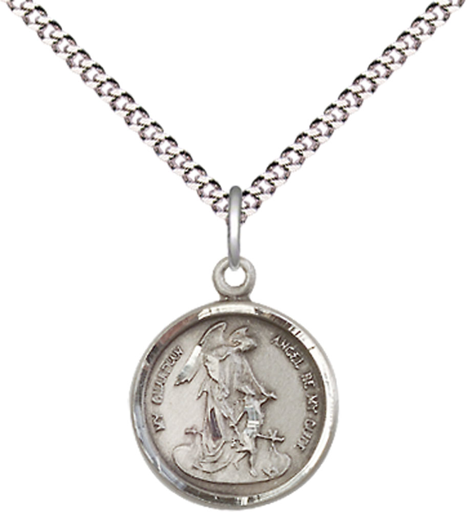 Sterling Silver Guardian Angel Pendant on a 18 inch Light Rhodium Light Curb chain