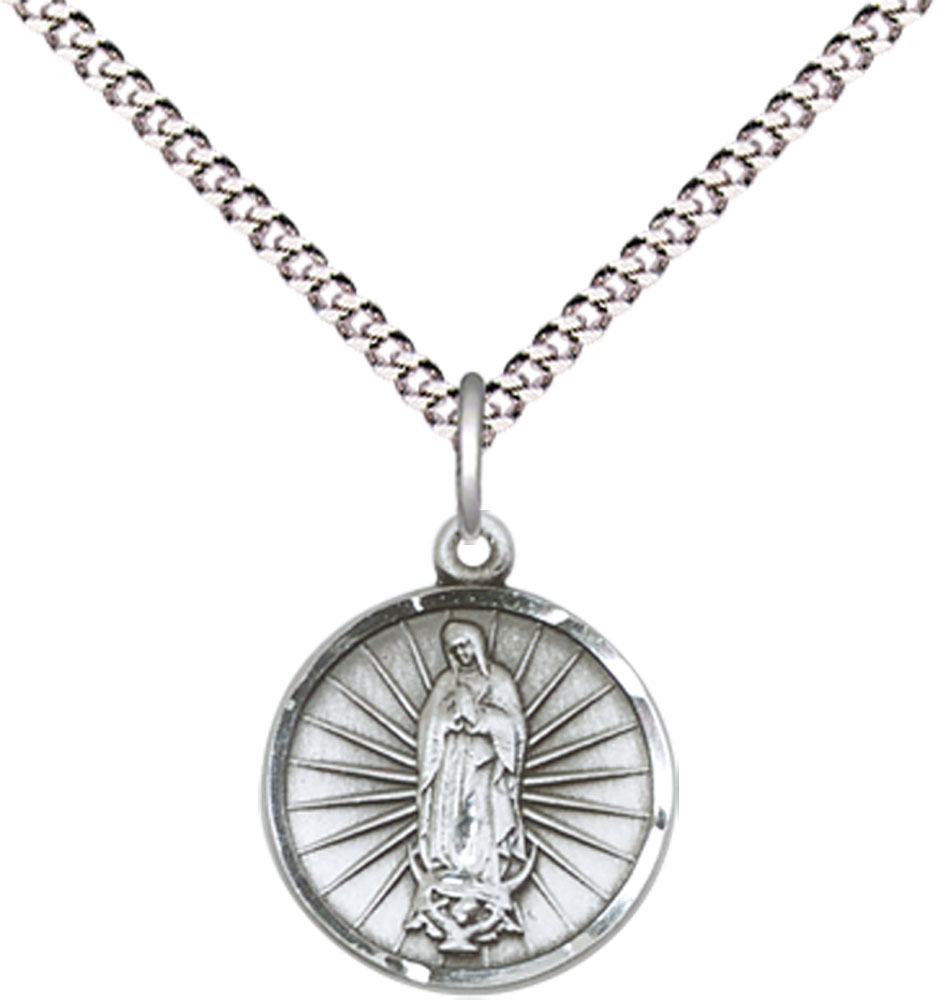 Sterling Silver Our Lady of Guadalupe Pendant on a 18 inch Light Rhodium Light Curb chain