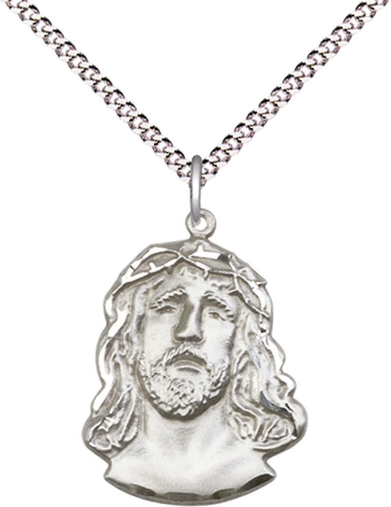 Sterling Silver Ecce Homo Pendant on a 18 inch Light Rhodium Light Curb chain