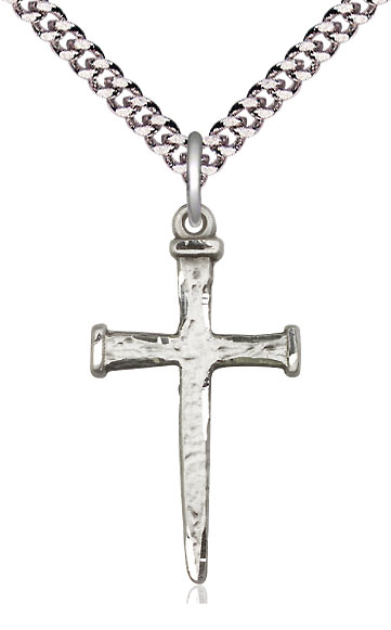 Sterling Silver Nail Cross Pendant on a 24 inch Light Rhodium Heavy Curb chain