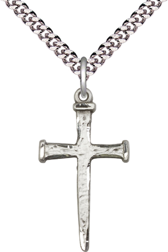 Sterling Silver Nail Cross Pendant on a 24 inch Light Rhodium Heavy Curb chain
