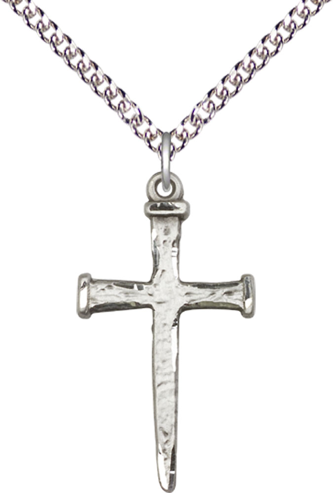 Sterling Silver Nail Cross Pendant on a 24 inch Sterling Silver Heavy Curb chain
