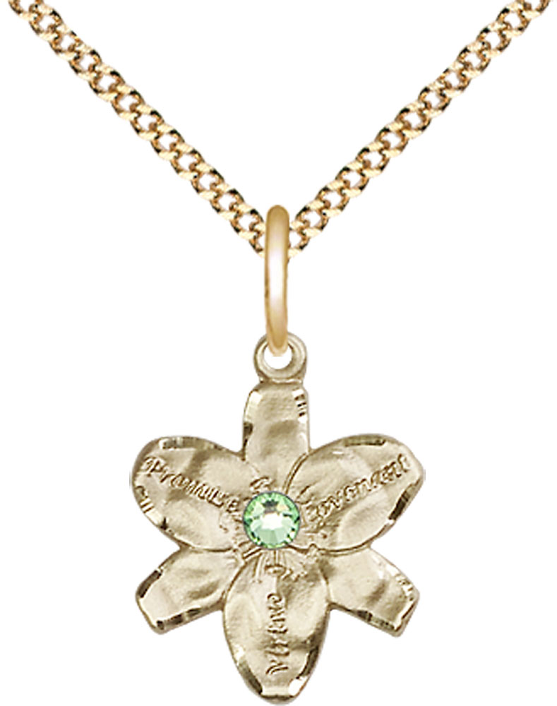 14kt Gold Filled Chastity Pendant with a 3mm Peridot Swarovski stone on a 18 inch Gold Plate Light Curb chain