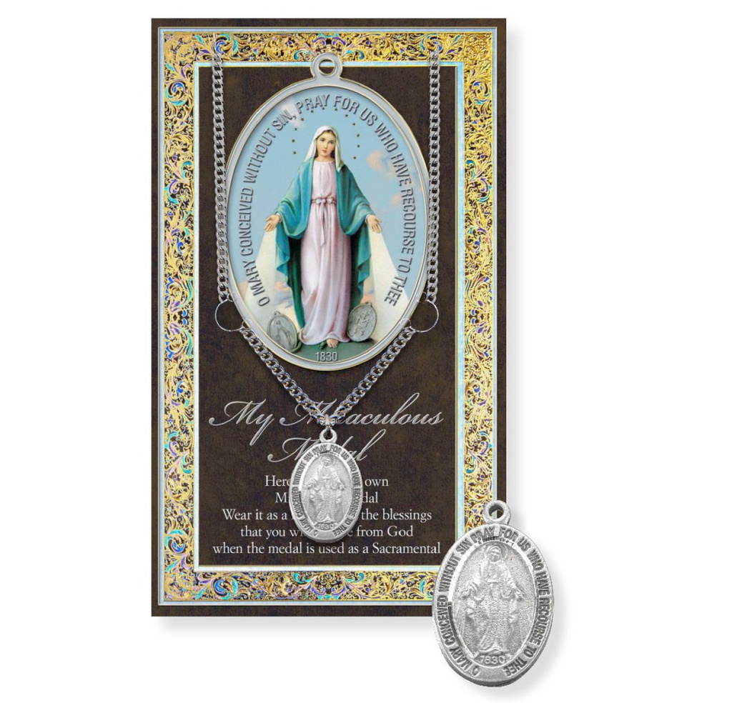 Mirac. Genuine Pewter Medal on a 24" Chain with Biography and Picture Folder