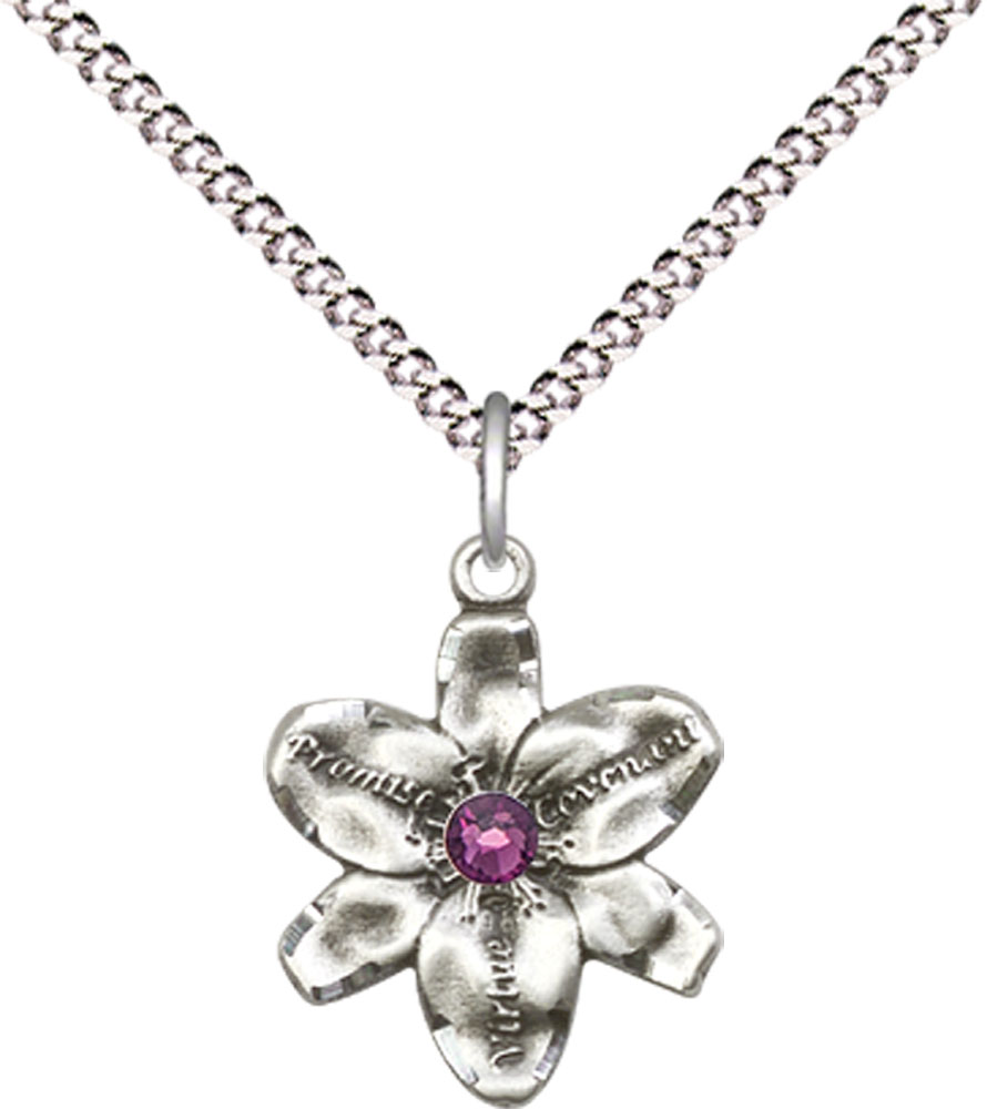 Sterling Silver Chastity Pendant with a 3mm Amethyst Swarovski stone on a 18 inch Light Rhodium Light Curb chain