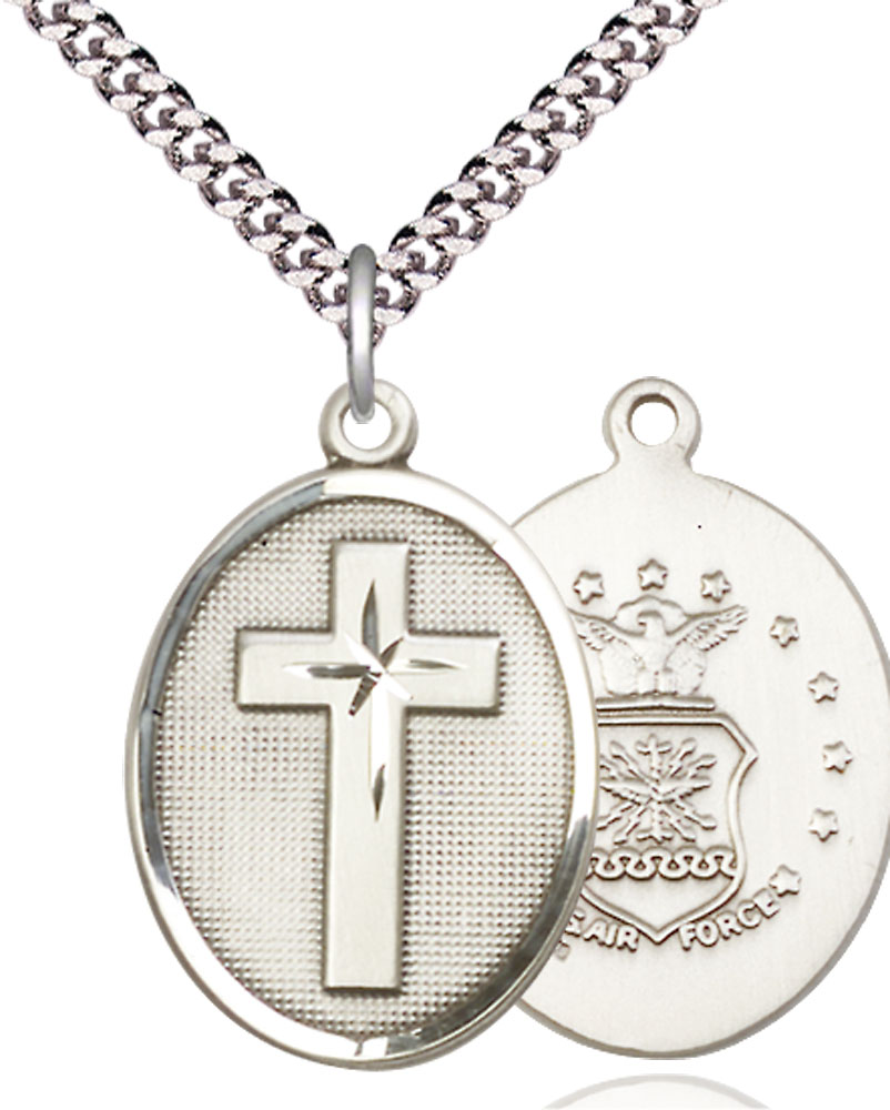 Sterling Silver Cross Air Force Pendant on a 24 inch Light Rhodium Heavy Curb chain