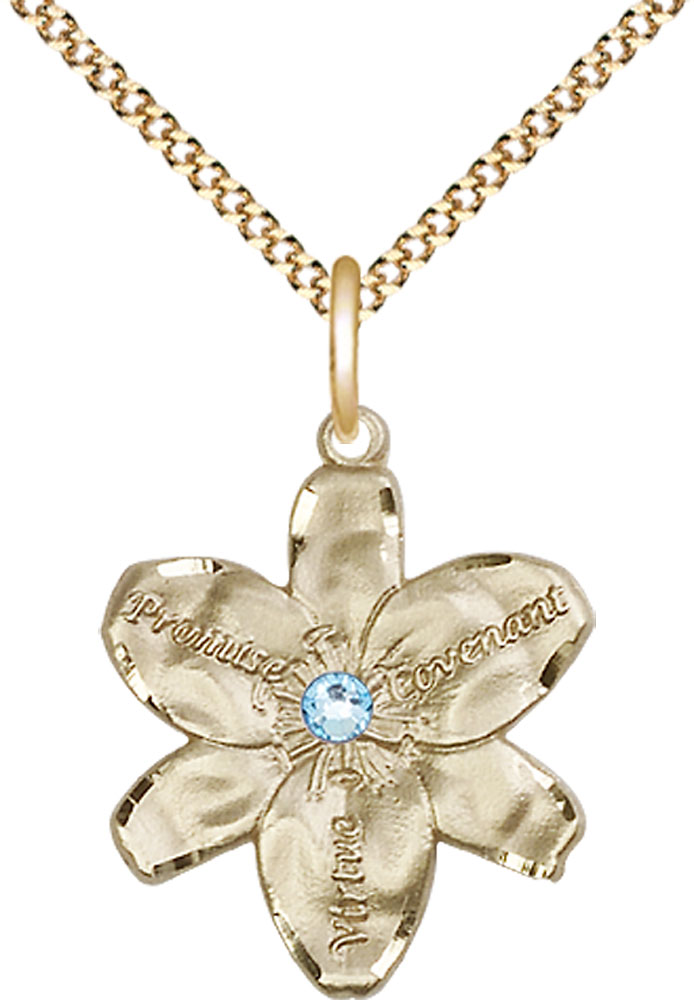 14kt Gold Filled Chastity Pendant with a 3mm Aqua Swarovski stone on a 18 inch Gold Plate Light Curb chain
