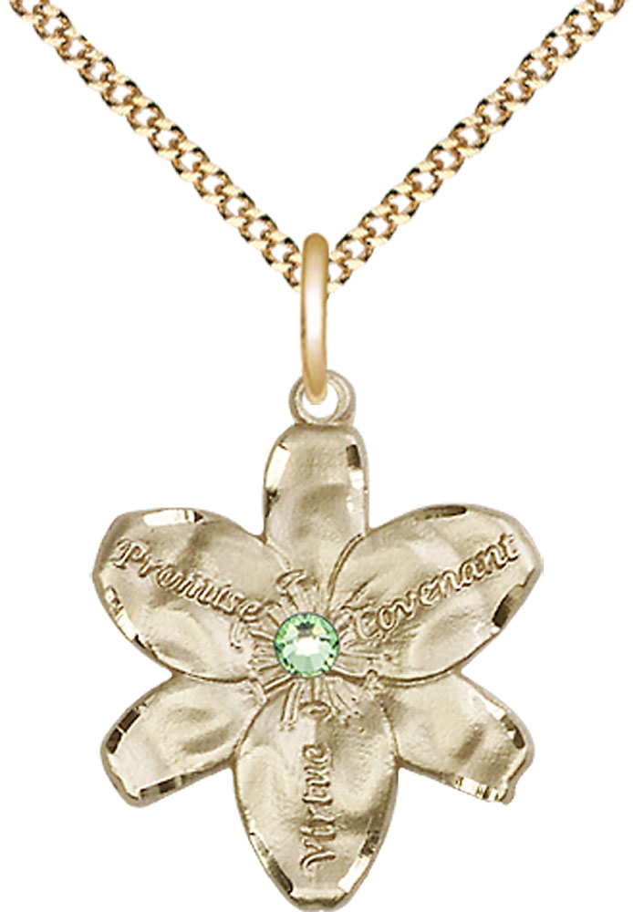 14kt Gold Filled Chastity Pendant with a 3mm Peridot Swarovski stone on a 18 inch Gold Plate Light Curb chain