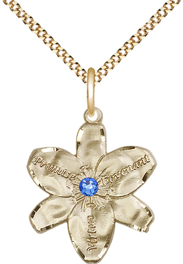 14kt Gold Filled Chastity Pendant with a 3mm Sapphire Swarovski stone on a 18 inch Gold Plate Light Curb chain
