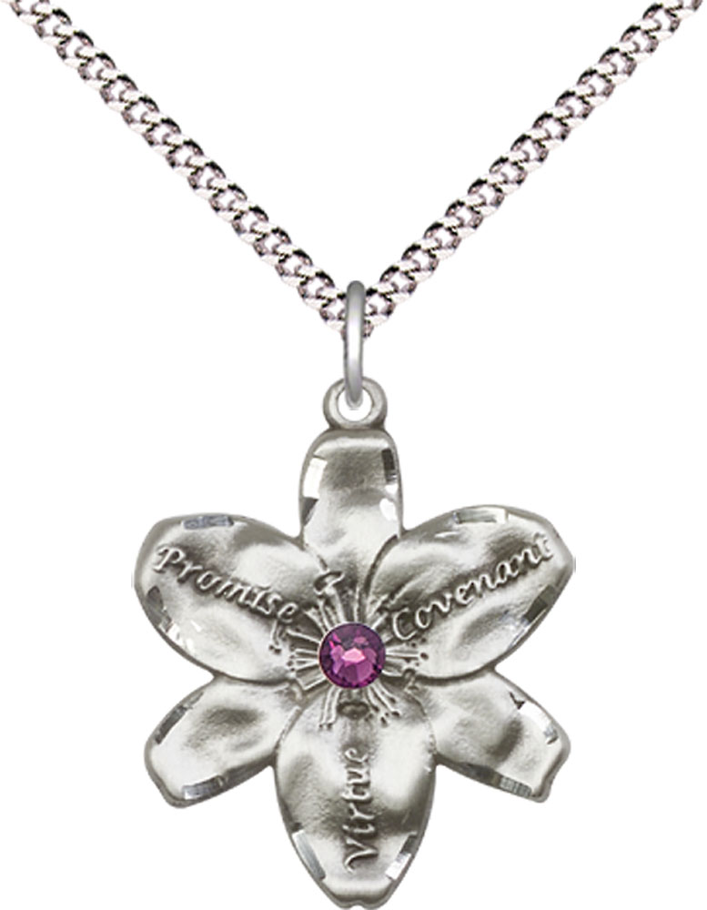 Sterling Silver Chastity Pendant with a 3mm Amethyst Swarovski stone on a 18 inch Light Rhodium Light Curb chain
