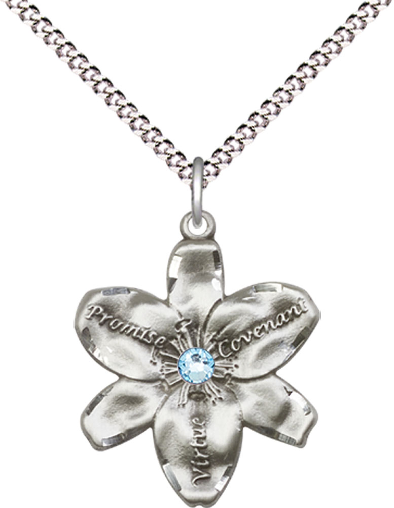 Sterling Silver Chastity Pendant with a 3mm Aqua Swarovski stone on a 18 inch Light Rhodium Light Curb chain
