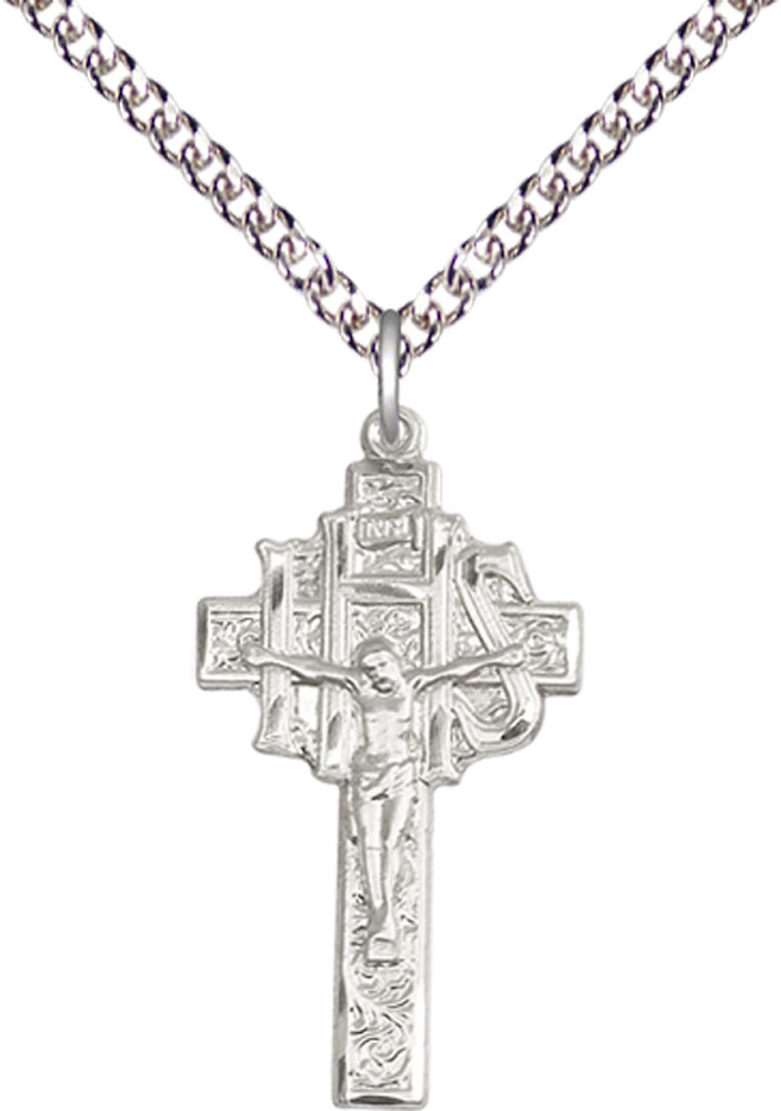 Sterling Silver Crucifix-IHS Pendant on a 24 inch Sterling Silver Heavy Curb chain