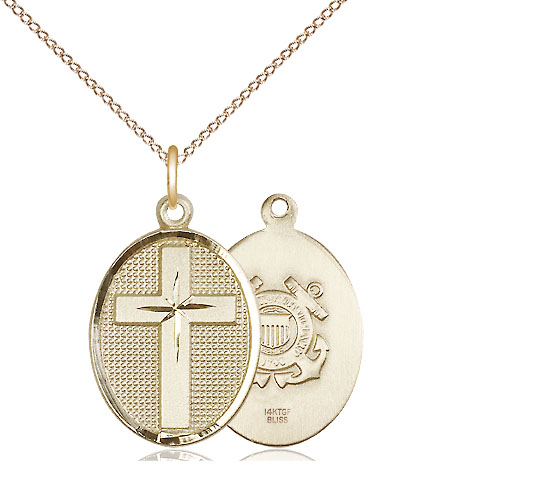 14kt Gold Filled Cross Coast Guard Pendant on a 18 inch Gold Filled Light Curb chain