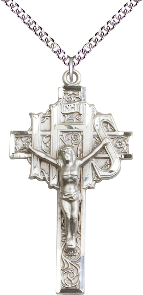 Sterling Silver Crucifix Pendant on a 24 inch Sterling Silver Heavy Curb chain