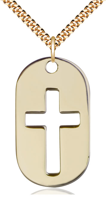14kt Gold Filled Cross Dog Tag Pendant on a 24 inch Gold Plate Heavy Curb chain