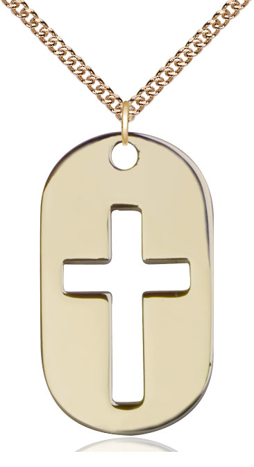 14kt Gold Filled Cross Dog Tag Pendant on a 24 inch Gold Filled Heavy Curb chain