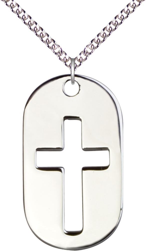 Sterling Silver Cross Dog Tag Pendant on a 24 inch Sterling Silver Heavy Curb chain