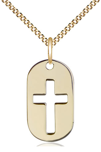 14kt Gold Filled Cross Dog Tag Pendant on a 18 inch Gold Plate Light Curb chain