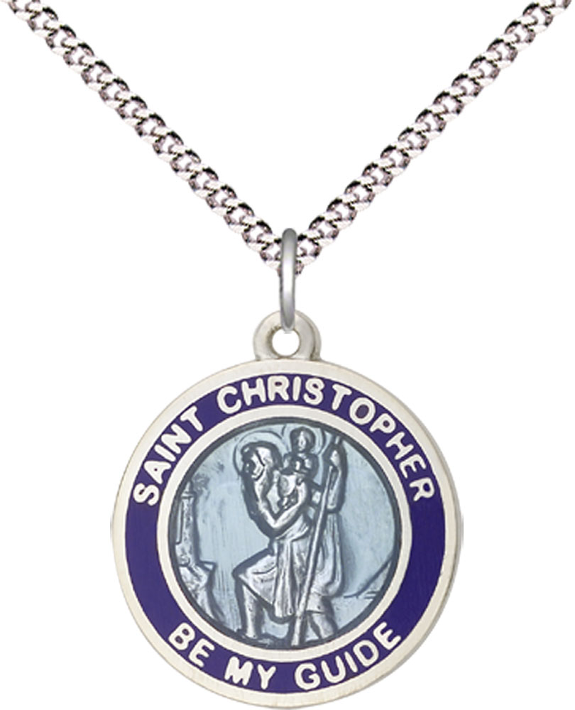 Sterling Silver Saint Christopher Pendant on a 18 inch Light Rhodium Light Curb chain