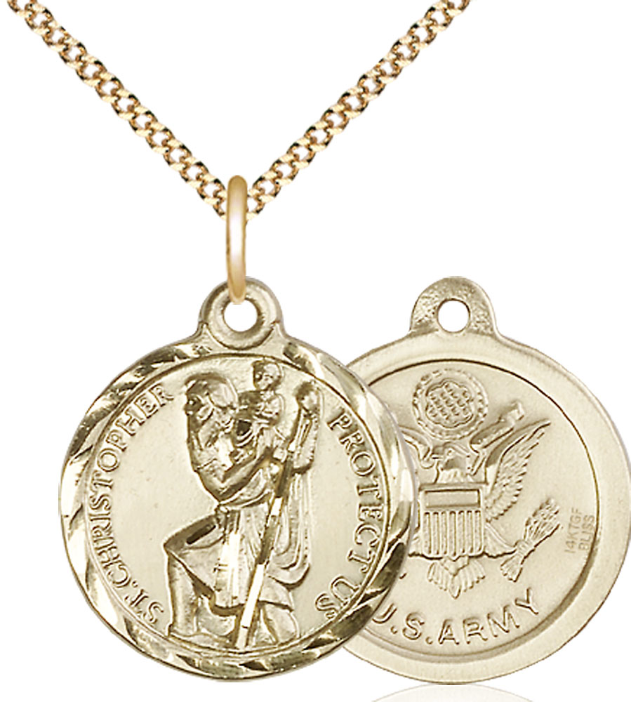 14kt Gold Filled Saint Christopher Army Pendant on a 18 inch Gold Plate Light Curb chain