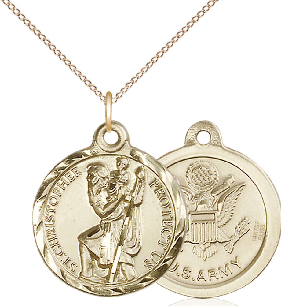 14kt Gold Filled Saint Christopher Army Pendant on a 18 inch Gold Filled Light Curb chain