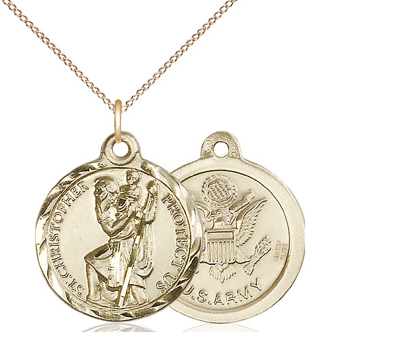 14kt Gold Filled Saint Christopher Army Pendant on a 18 inch Gold Filled Light Curb chain