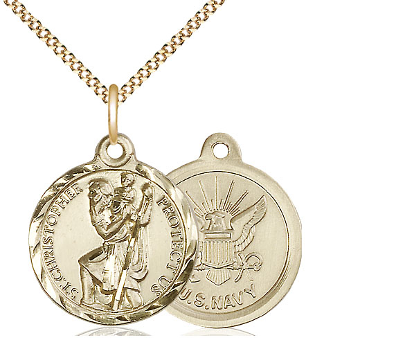 14kt Gold Filled Saint Christopher Navy Pendant on a 18 inch Gold Plate Light Curb chain