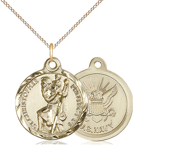 14kt Gold Filled Saint Christopher Navy Pendant on a 18 inch Gold Filled Light Curb chain