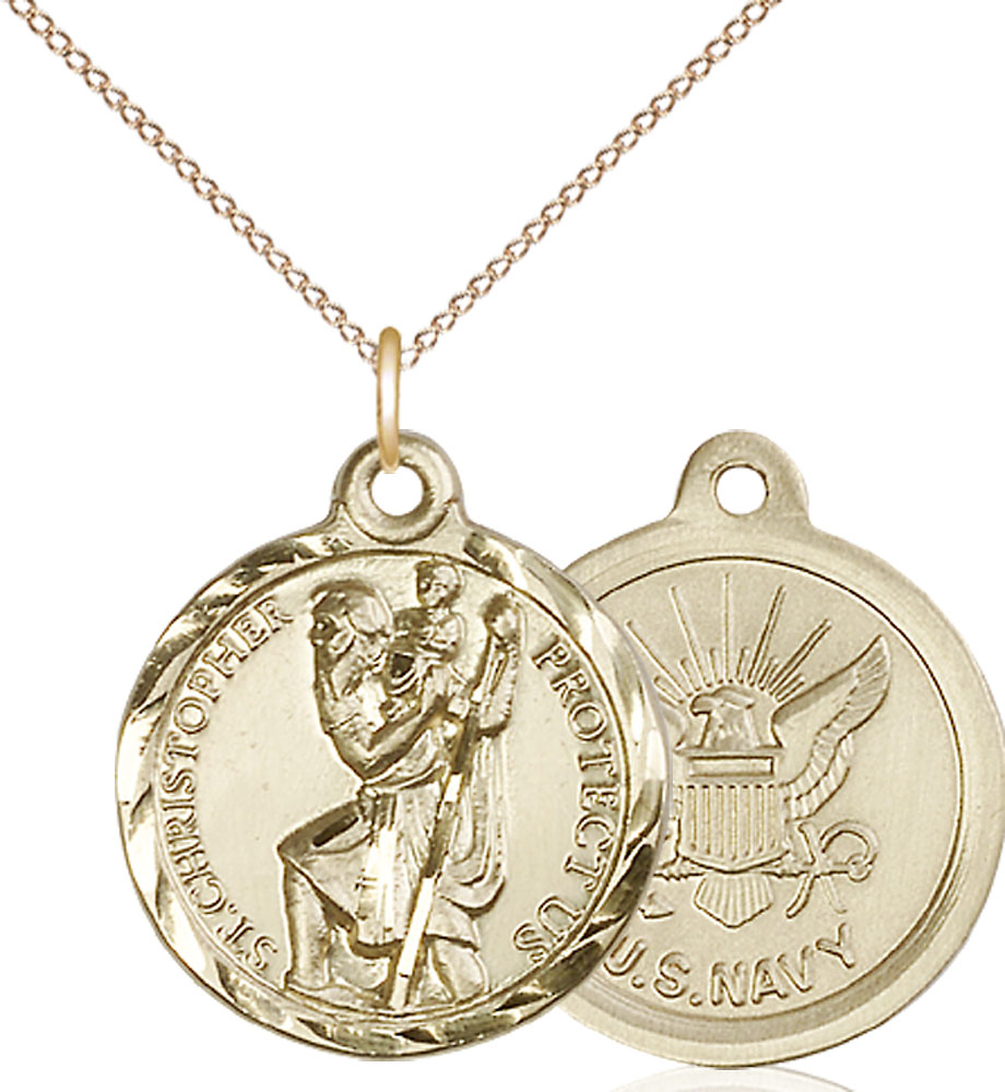 14kt Gold Filled Saint Christopher Navy Pendant on a 18 inch Gold Filled Light Curb chain