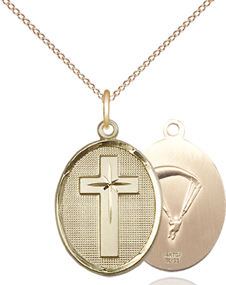 14kt Gold Filled Cross Paratroopers Pendant on a 18 inch Gold Filled Light Curb chain