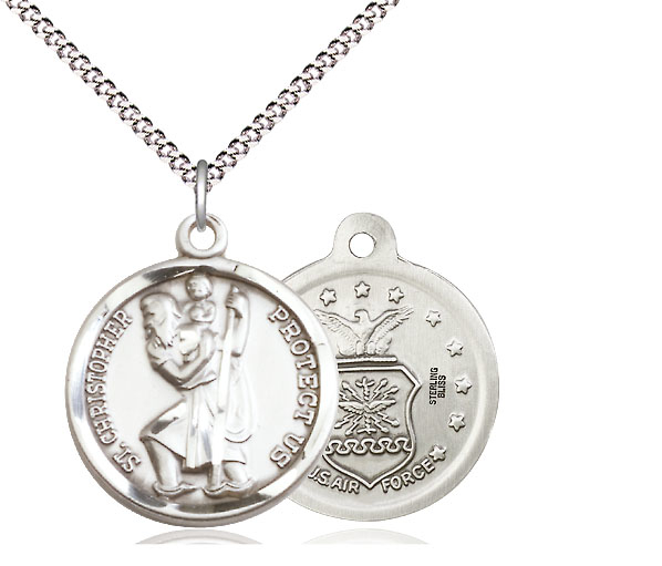 Sterling Silver Saint Christopher Air Force Pendant on a 18 inch Light Rhodium Light Curb chain