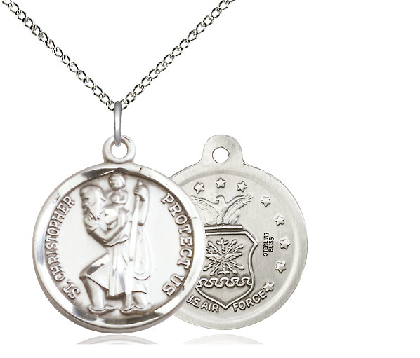 Sterling Silver Saint Christopher Air Force Pendant on a 18 inch Sterling Silver Light Curb chain