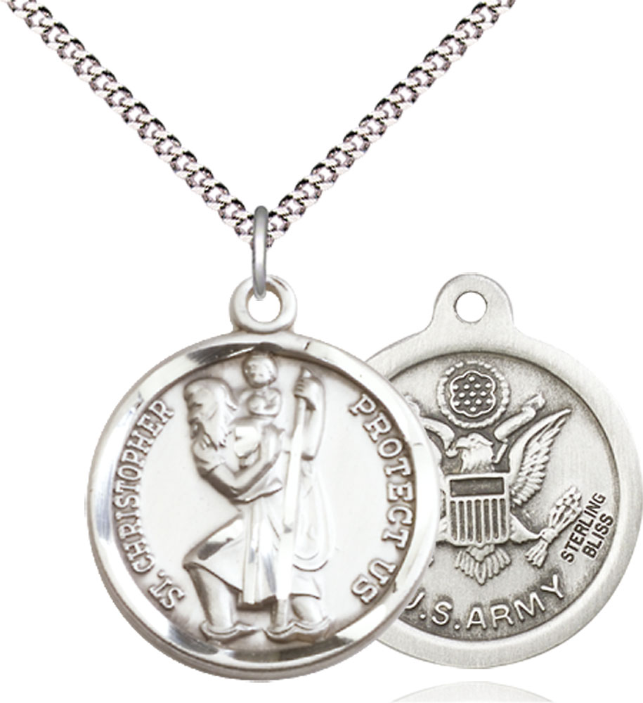 Sterling Silver Saint Christopher Army Pendant on a 18 inch Light Rhodium Light Curb chain