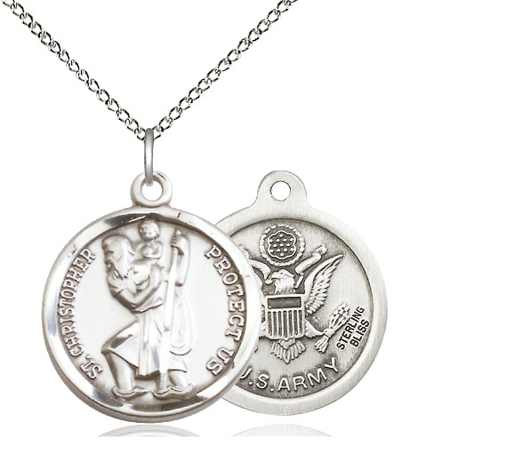 Sterling Silver Saint Christopher Army Pendant on a 18 inch Sterling Silver Light Curb chain