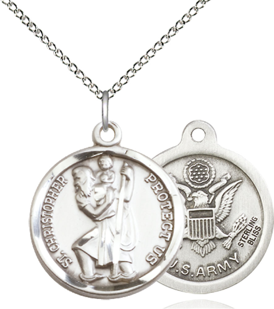 Sterling Silver Saint Christopher Army Pendant on a 18 inch Sterling Silver Light Curb chain
