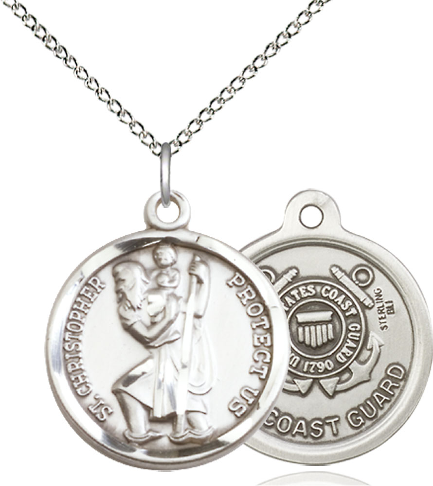 Sterling Silver Saint Christopher Coast Guard Pendant on a 18 inch Sterling Silver Light Curb chain