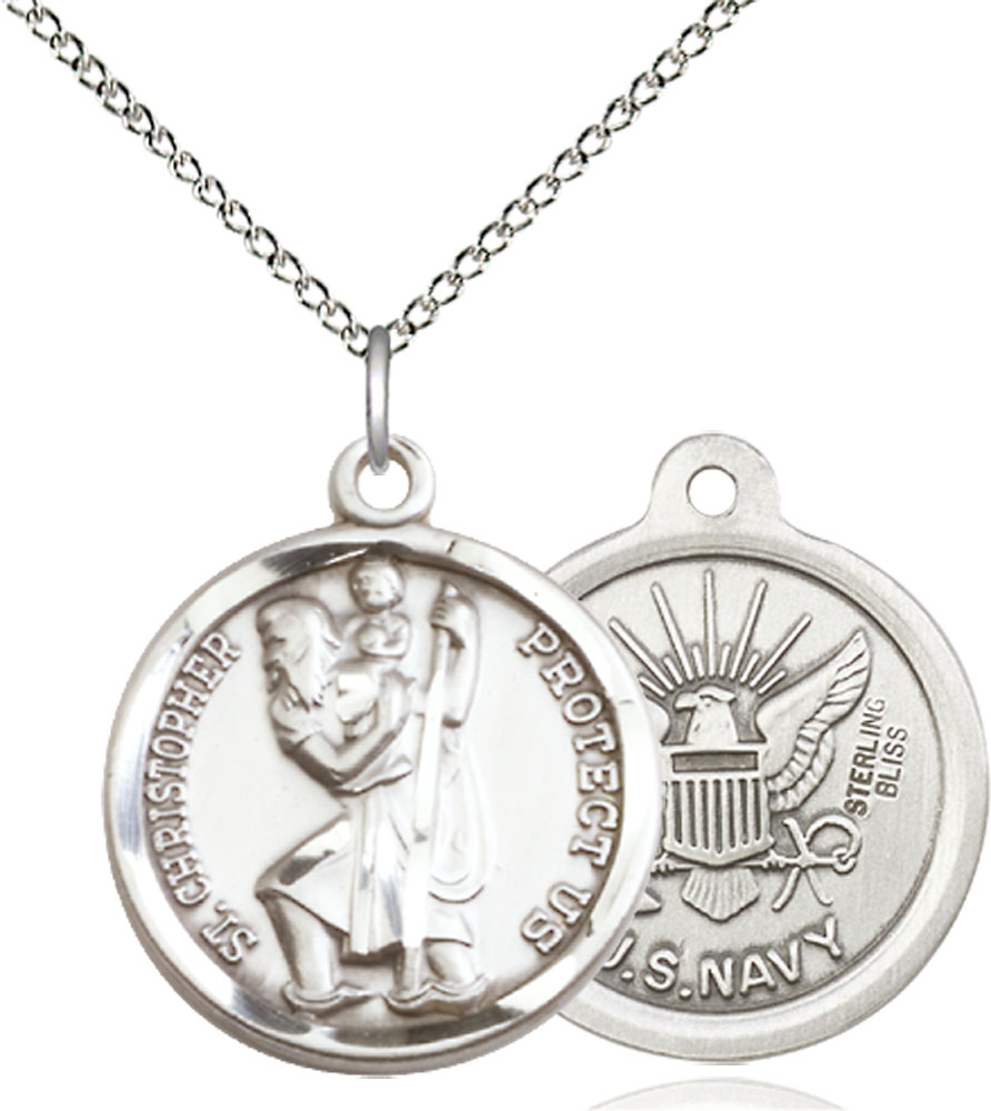 Sterling Silver Saint Christopher Navy Pendant on a 18 inch Sterling Silver Light Curb chain