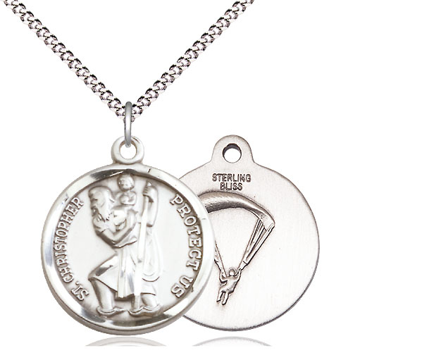 Sterling Silver Saint Christopher Paratrooper Pendant on a 18 inch Light Rhodium Light Curb chain