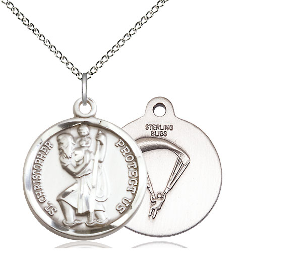 Sterling Silver Saint Christopher Paratrooper Pendant on a 18 inch Sterling Silver Light Curb chain
