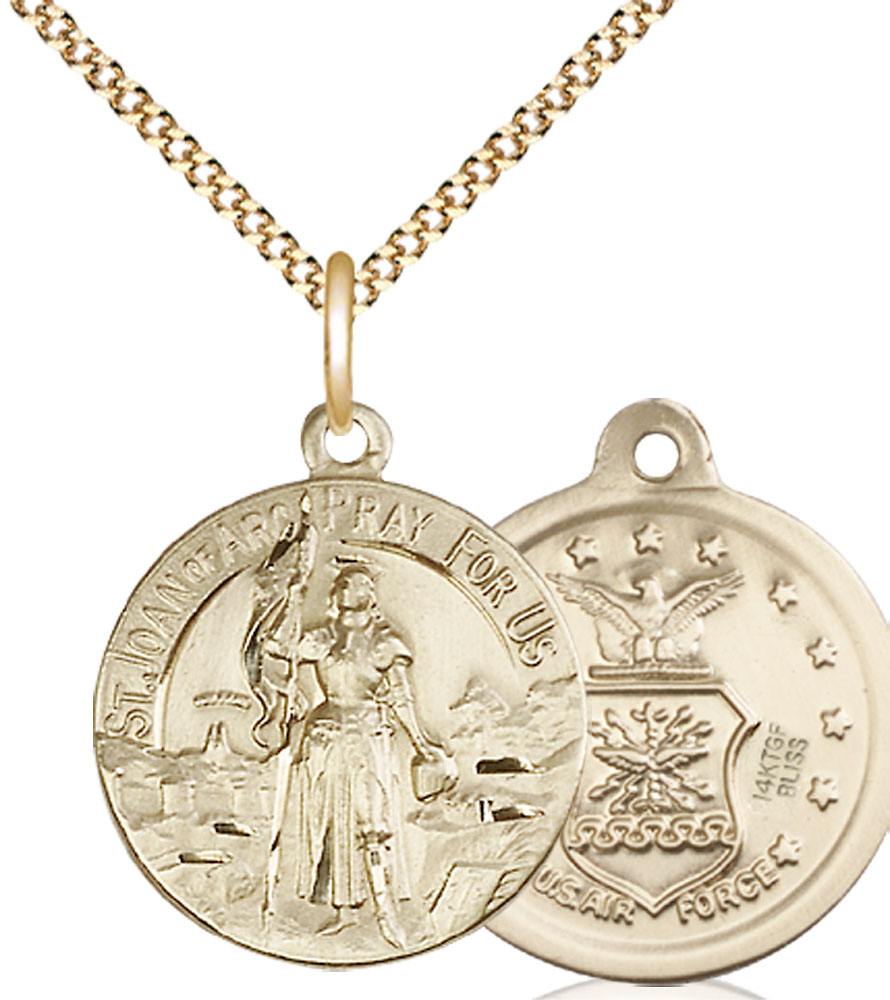 14kt Gold Filled Saint Joan of Arc Air Force Pendant on a 18 inch Gold Plate Light Curb chain